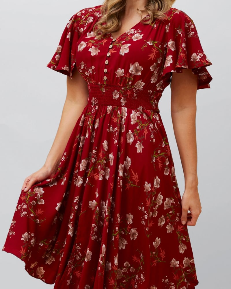 Front of a model wearing a size XL Carmen Short Dress Fit & Flare Angel Sleeves in Red by ANNICK. | dia_product_style_image_id:349716